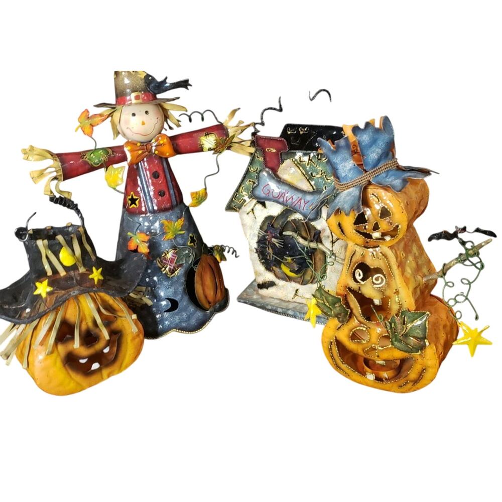 Lot of 4 Halloween Decorations 3 Lanterns - 1 Scarecrow All Metal